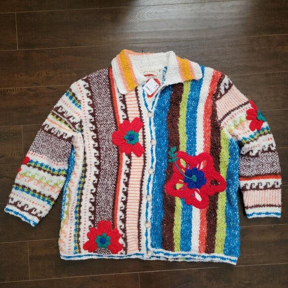 Free People Terry Towel Cardigan Womens M Grandma Vintage Whimsical Boho Hippie - Picture 3 of 9